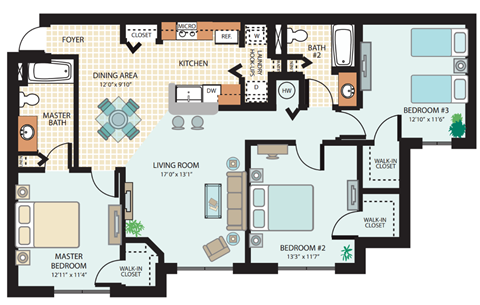 Three-Bedroom Floor Plan at Savannah Springs Affordable Apartments in Jacksonville FL
